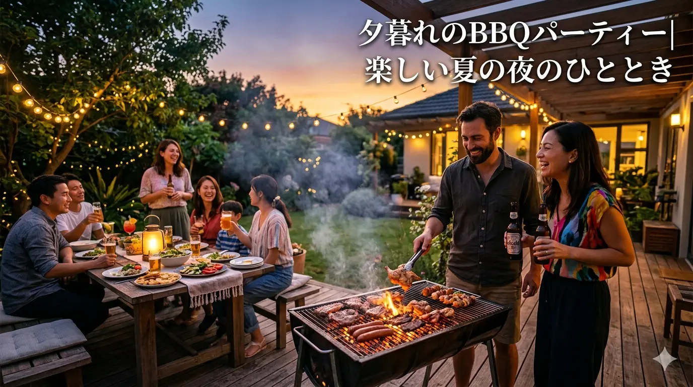 夜の宿でBBQを楽しむ様子