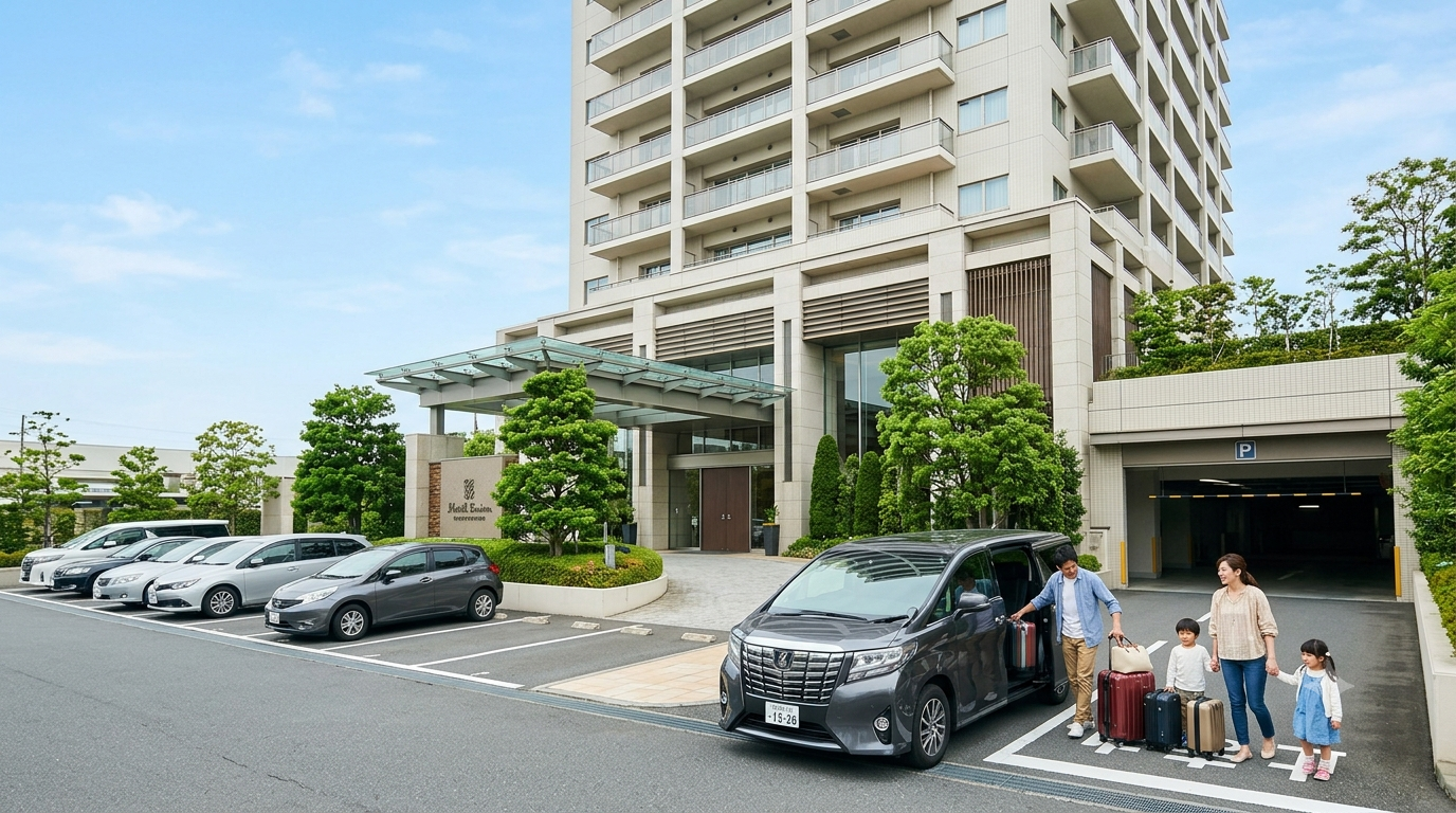 駐車場とホテル外観
