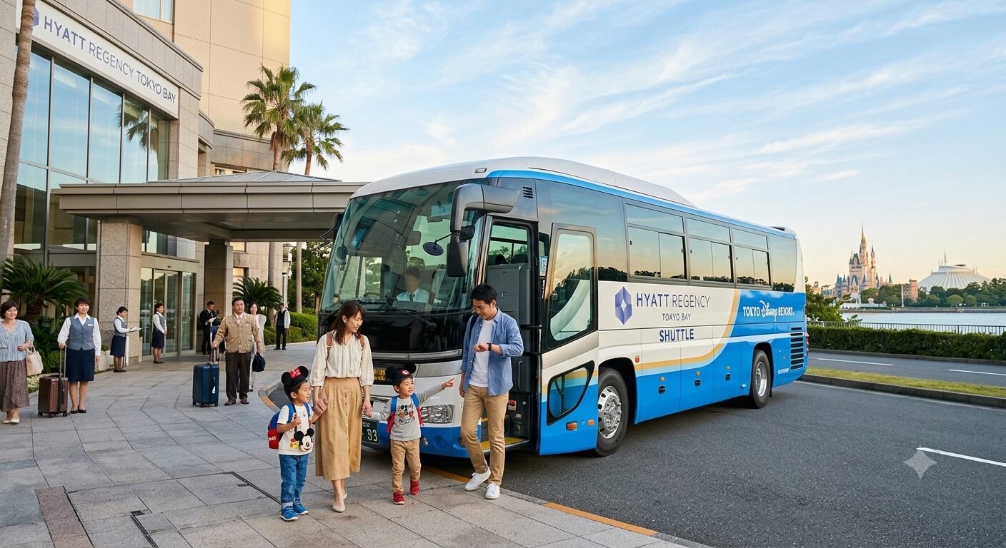 ハイアットリージェンシー東京ベイのエントランス前でディズニーランド行きシャトルバスに乗車する家族